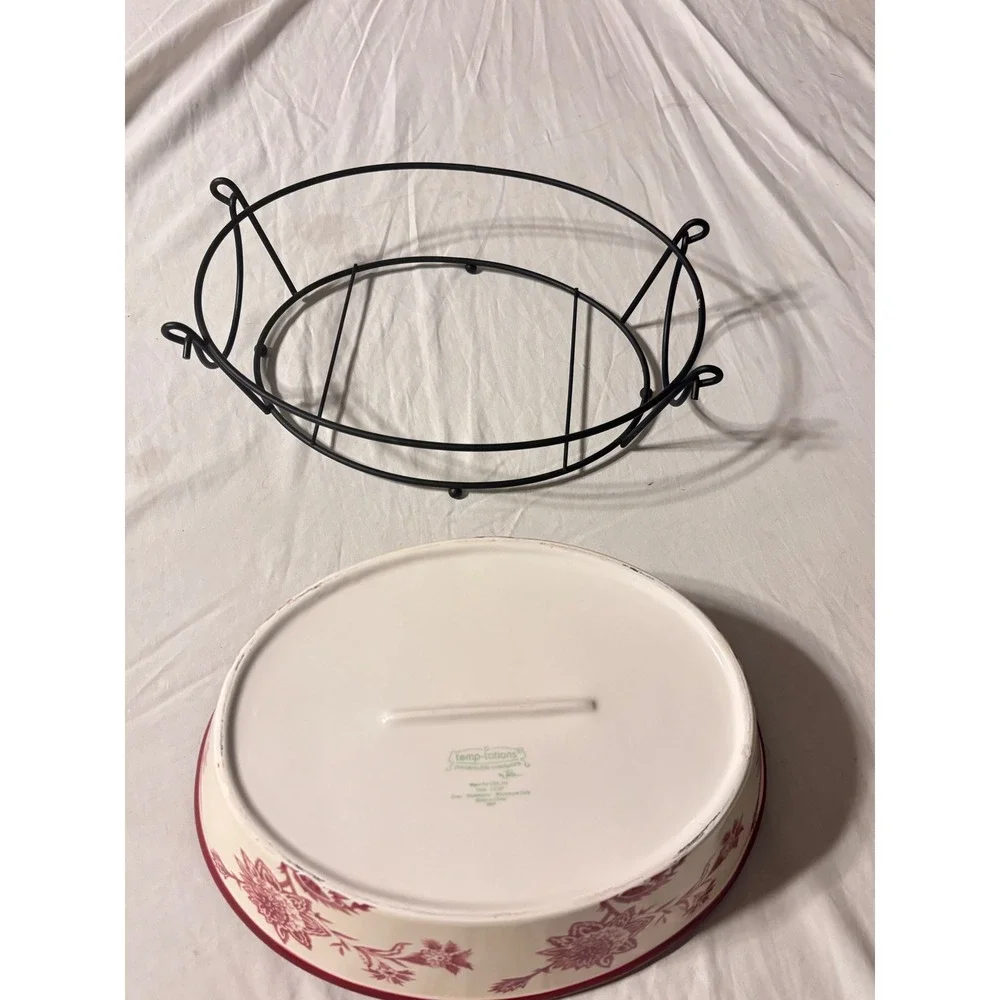 Temp-tations Floral Lace Oval Baker Set Red Cream Ceramic 2pc with Wire Racks EX